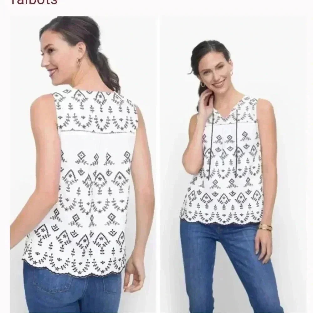 Talbots black white vine embroidered linen blend sleeveless top